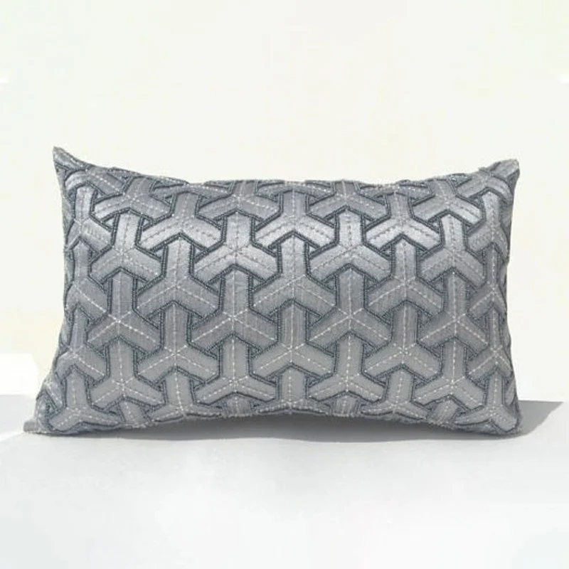 Japanese Sashiko Design Gray Silk Pillow Case With Gray Beads Embroidery, Decorative Throw Cushion Cover