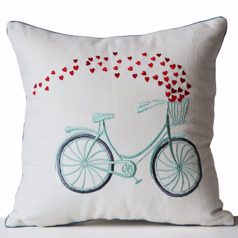 Decorative Throw Pillow Cover Heart Bicycle Embroidered Cotton Cushion Engagement Wedding Anniversary Birthday Gift Back to School