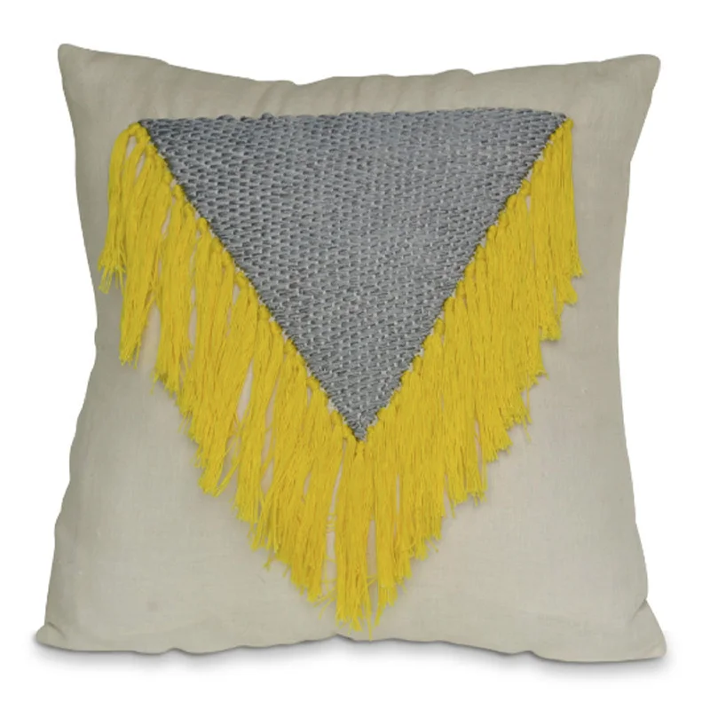 Boho Chic Linen Pillow Cover With Shaggy Yellow Tassels