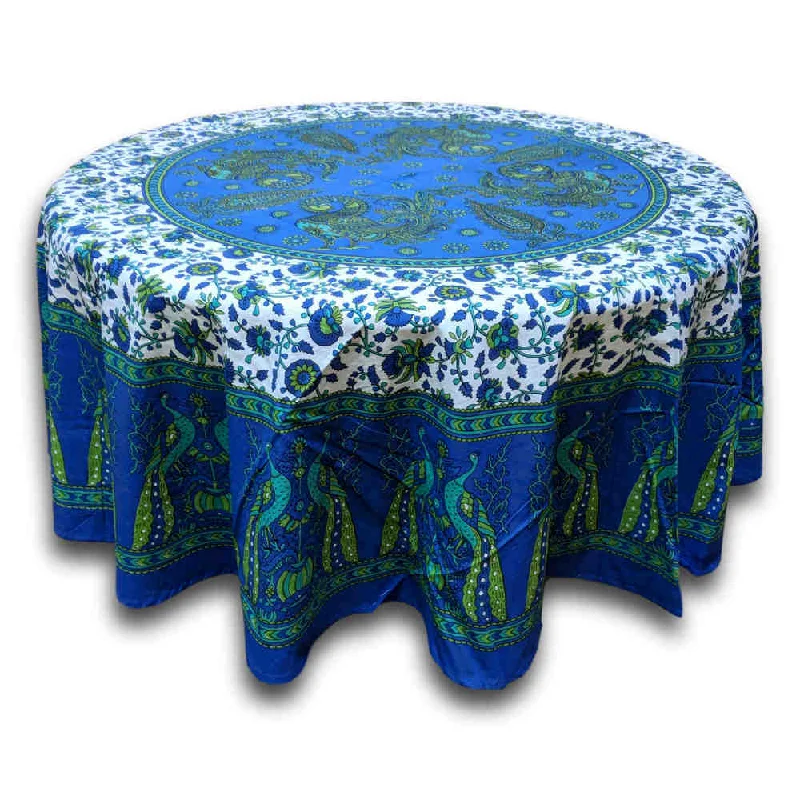 Cotton Peacock Floral Tablecloth Round 72 Inches Blue Green, Red Tan