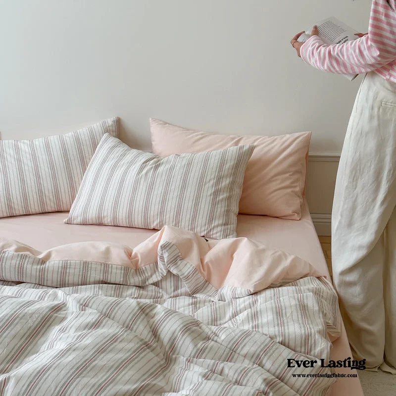 Cozy Pastel Striped Washed Cotton Pillowcases / Pink