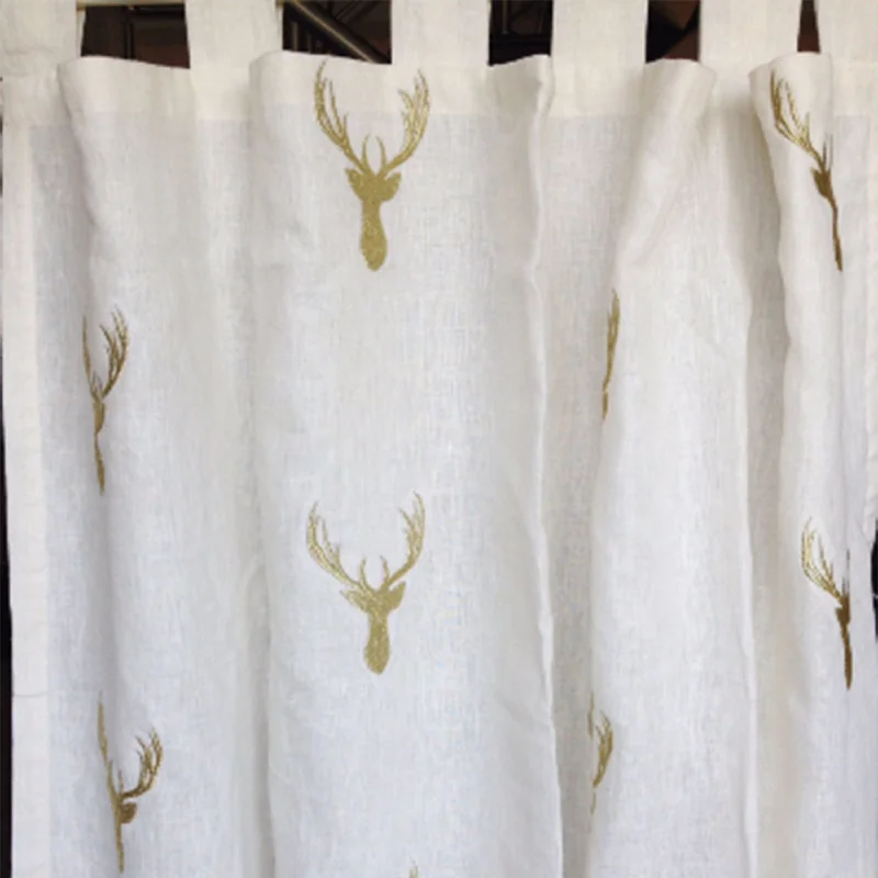 Tab Top Curtain Panels Ivory Linen Golden Deer Embroidery 52"x84" Linen Drapes Cotton Lining Bedroom Decor Window Treatment Wedding Gift