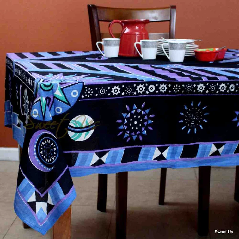 Cotton Celestial Sun Moon Star Tablecloth Rectangle Purple Blue Black