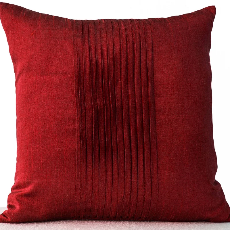 Throw pillows in red art silk - Attractive cushion in rippled pin tuck pattern -Decorative pillows for sofa -Couch pillow -Gift pillow 16x16