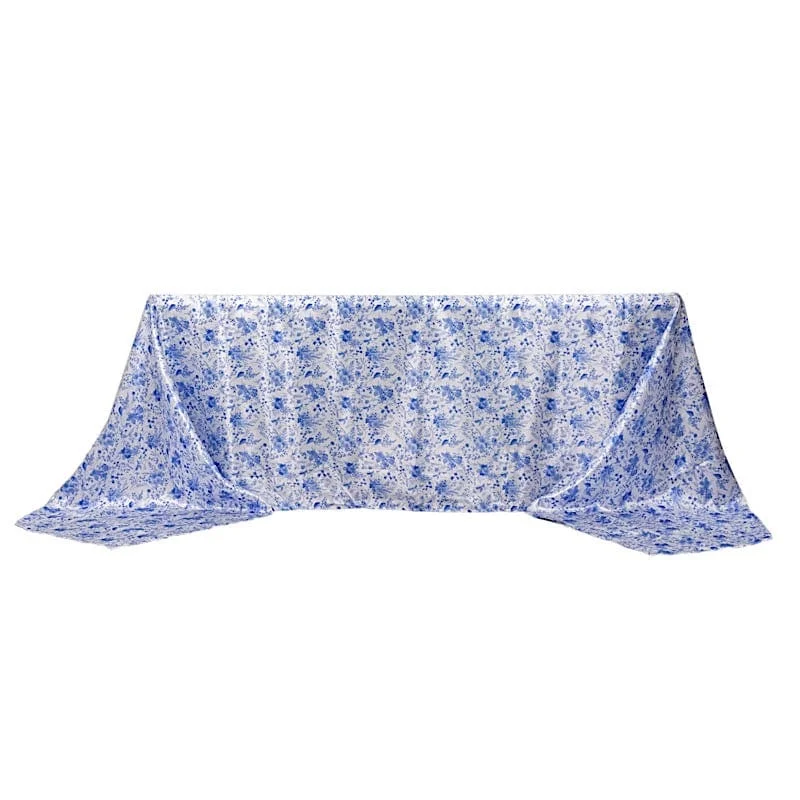 90" x 156" Floral Satin Rectangular Tablecloth - White with Blue