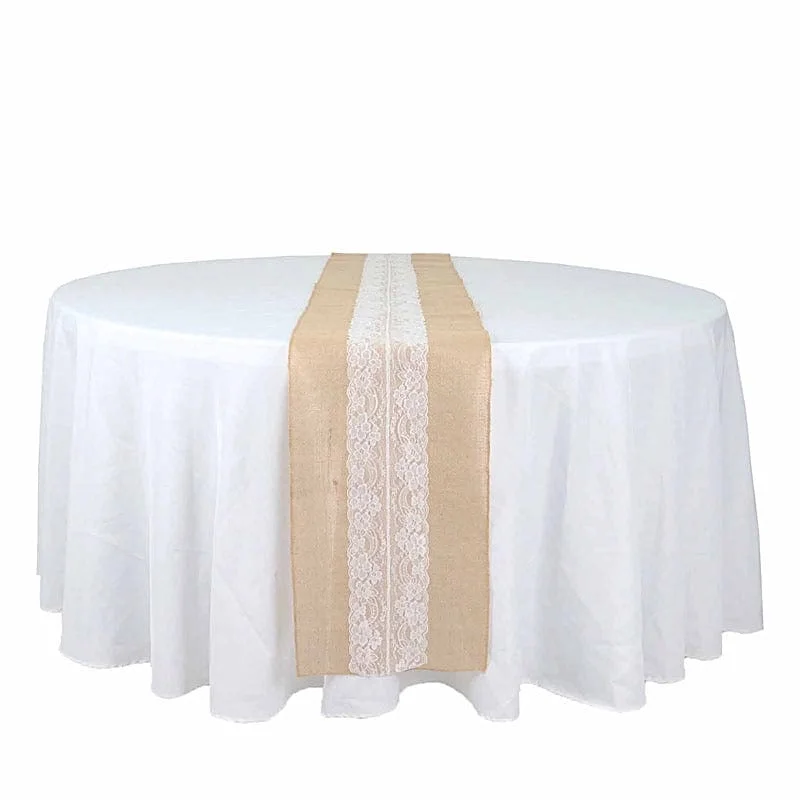 14" x 106" Burlap with Lace Table Runner - White and Natural