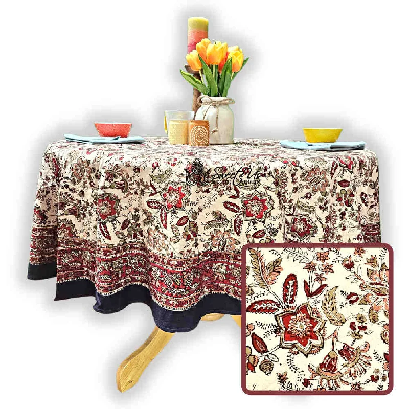 Rustic Autumn Floral Block Print Cotton Tablecloth Round