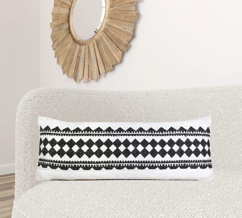 14" X 36" Black And White 100% Cotton Geometric Zippered Pillow