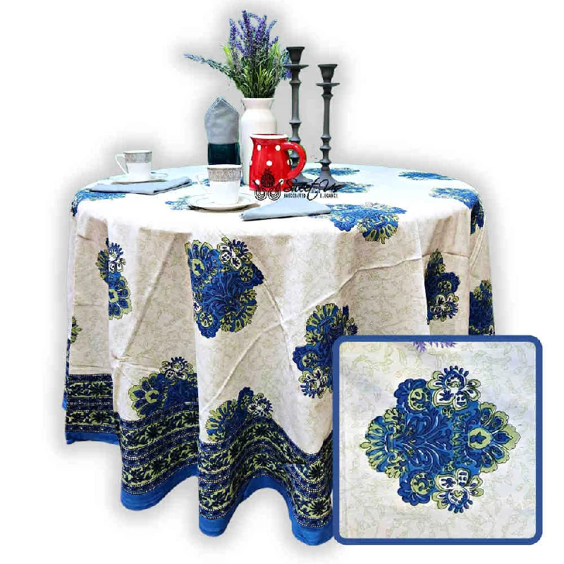 Cotton Tuscan Sunrise Floral Tablecloth Round Blue Green White