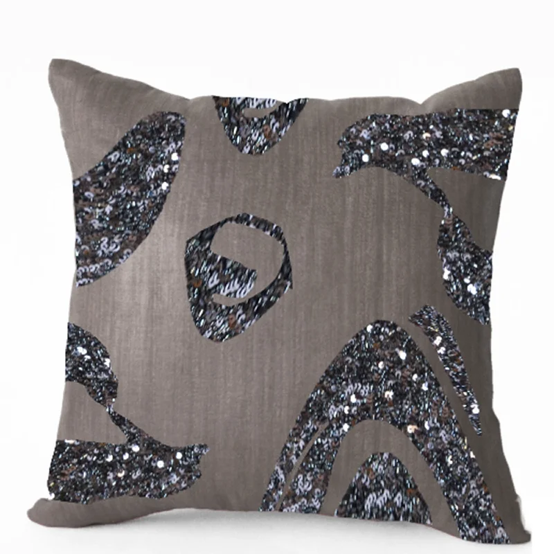 Decorative Throw Pillow Cover Geometric Metallic Gray Sequin Intricate Embroidery Neutral Home Decor Gifts