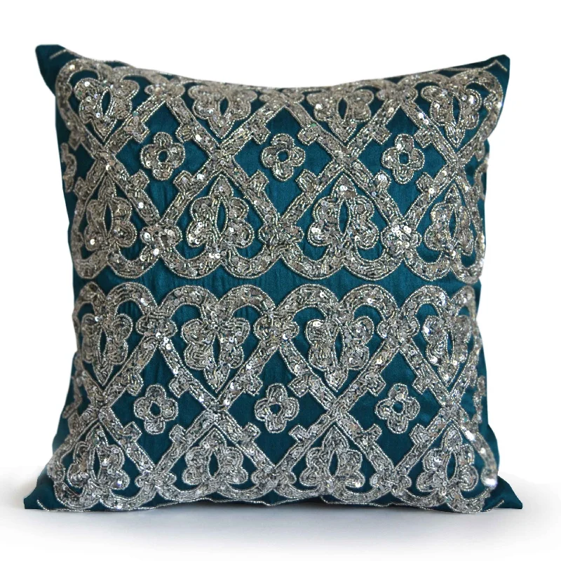 Sparkling Silver Sequin Teal Throw Pillow Cover