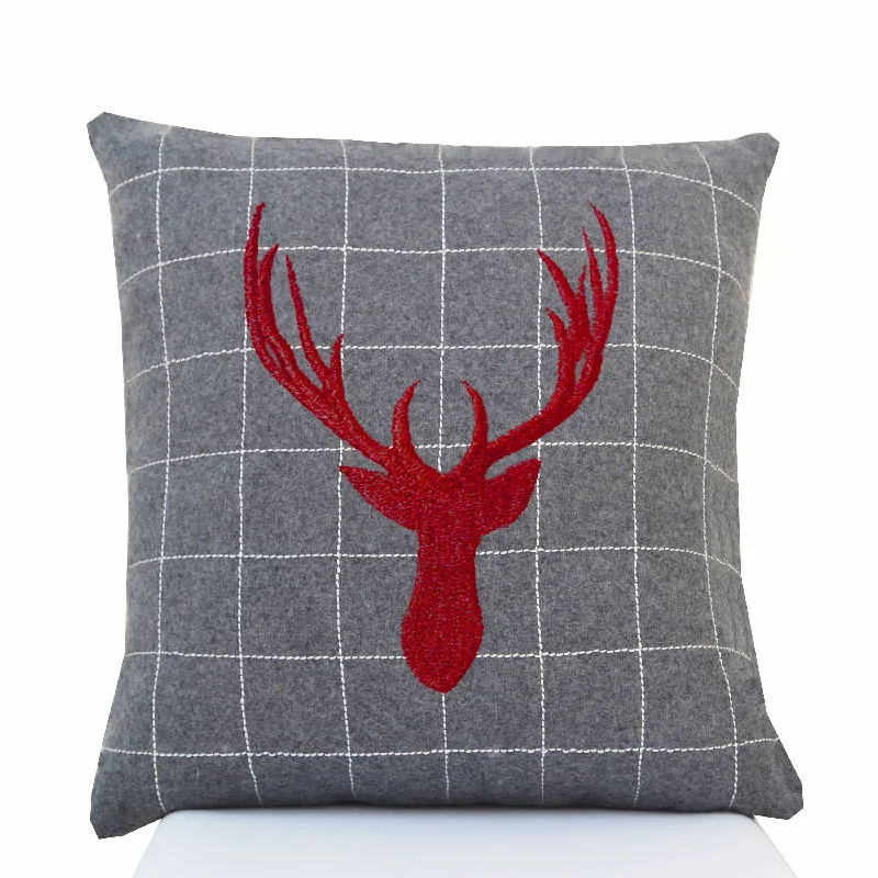 Christmas Reindeer Embroidered Gray Felt Pillow Cover, Decorative Throw Pillow Case