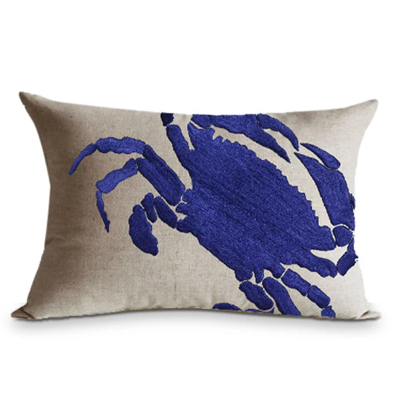 Decorative Linen Throw Pillow Cover With Crab Embroidered On It