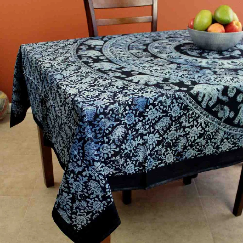 Cotton Elephant Mandala floral Tablecloth Rectangle 60x90 Black White Blue