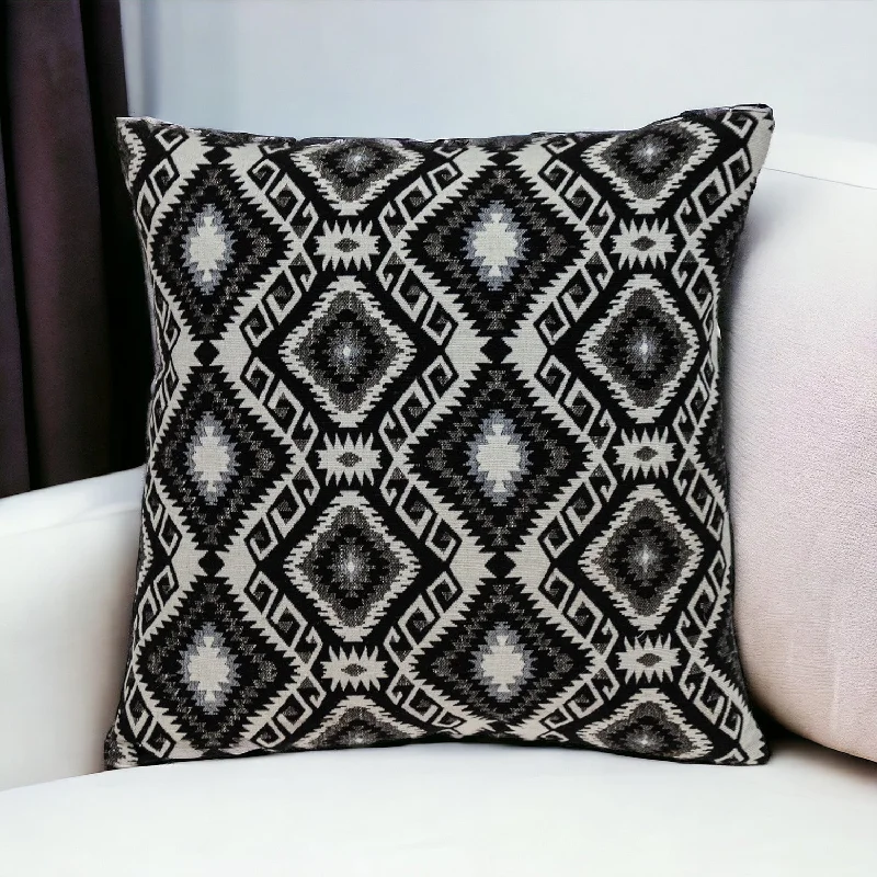 Jet Black And White Geo Throw Pillow