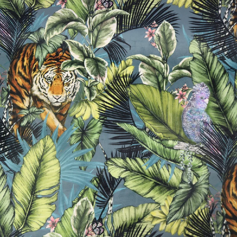 Hello Tiger - Velvet Home Furnishing Fabric - Blue