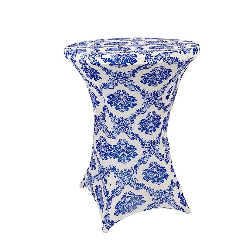 Damask Cocktail Spandex Table Cover - Royal Blue and White