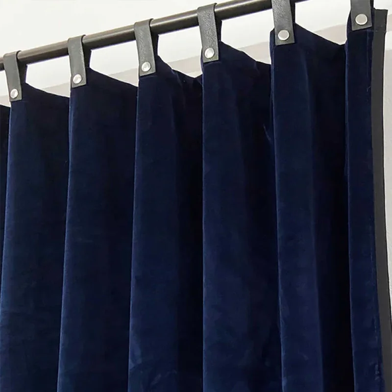 Navy Velvet Curtain With Black Trim and Leather Tabs