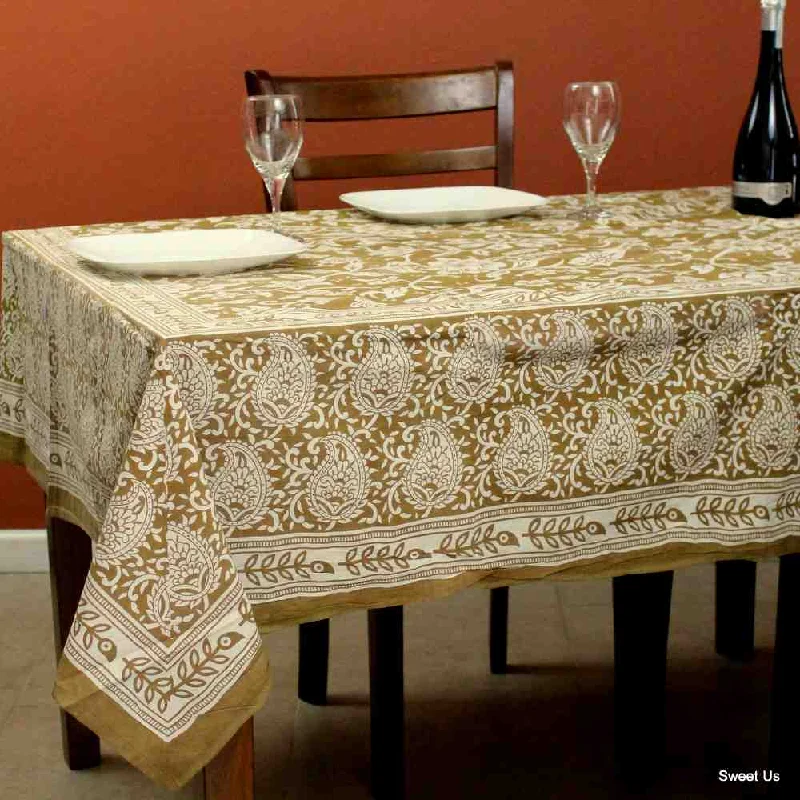 Cotton Paisley Floral Tablecloth Rectangle 70x106 Tan White