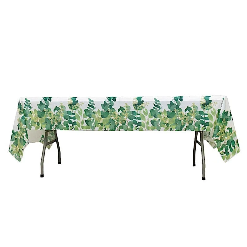 5 Rectangular 54" x 108" Plastic Tablecloths with Eucalyptus Leaves Print - White and Green