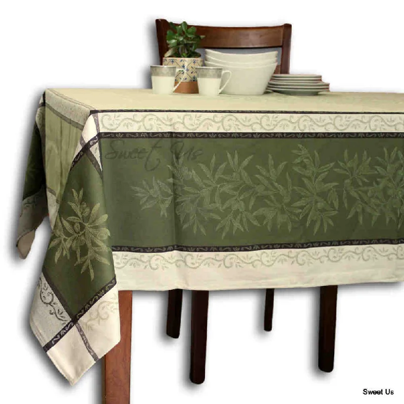 Wipeable Jacquard Tablecloth Rectangle Spill Resistant French Cotton, Green