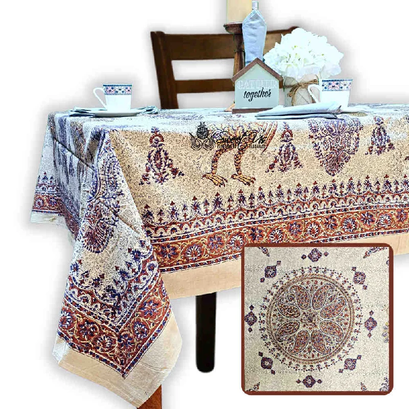 Peacock Paradise Paisley Floral Hand Block Print Cotton Tablecloth Rectangle