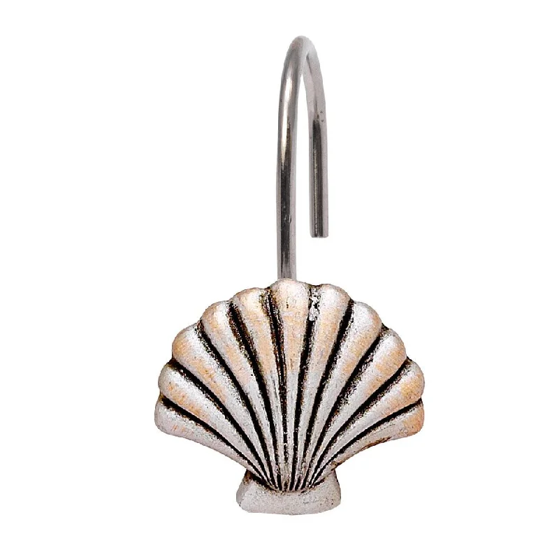 Hand Crafted Silver Seashell Shower Curtain Hook Set- 12 Pack