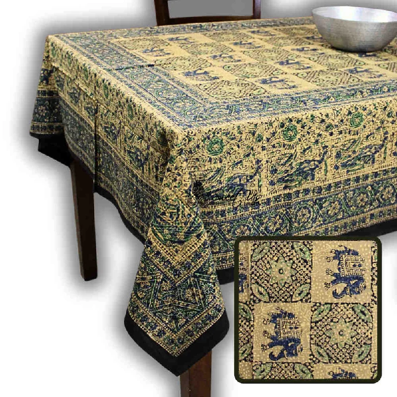 Tusker Trellis Block Print Batik Floral Tablecloth Rectangle, Seafoam