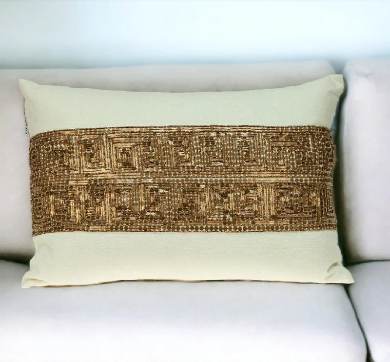 Glam Off White with Golden Sequins Lumbar Throw Pillow