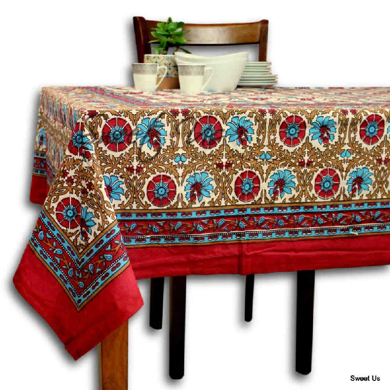 Cotton Floral Geometric Tablecloth for Rectangle Tables Bed sheet Queen Red