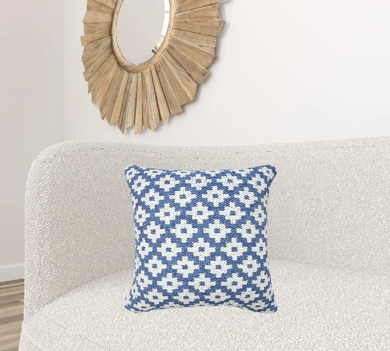 20" X 20" Blue And White 100% Cotton Geometric Zippered Pillow