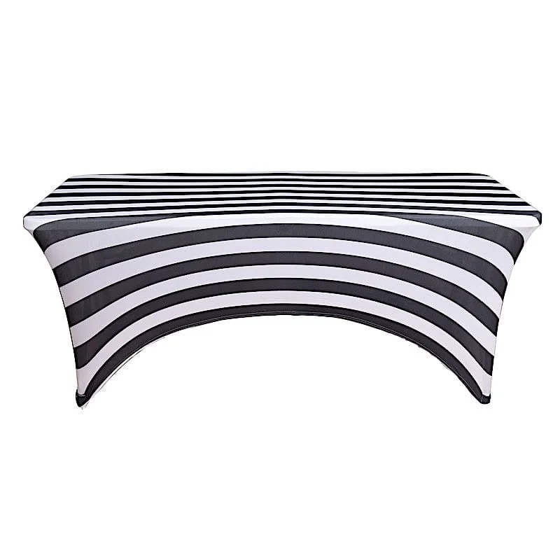 8 ft Fitted Premium Spandex Tablecloth Striped Table Cover - Black and White