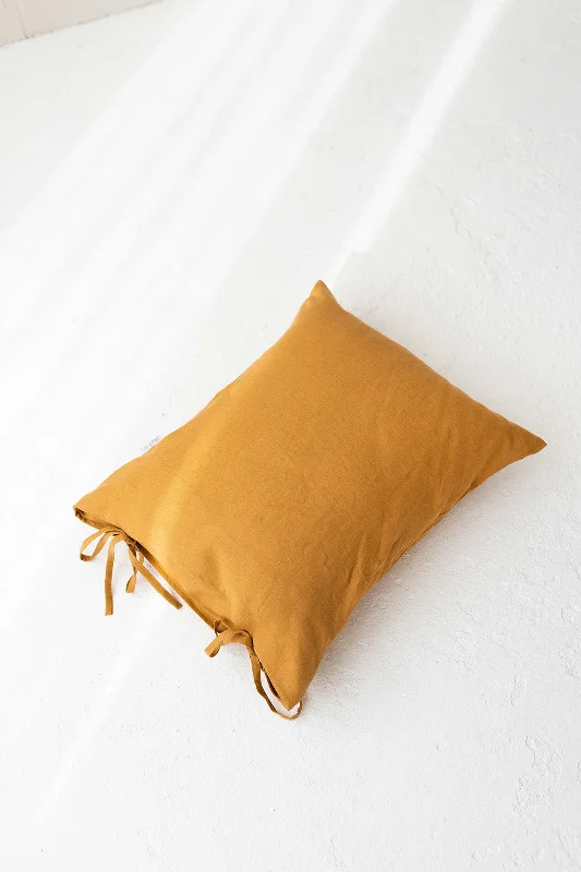 Linen Pillowcase With Ties In Amber Yellow