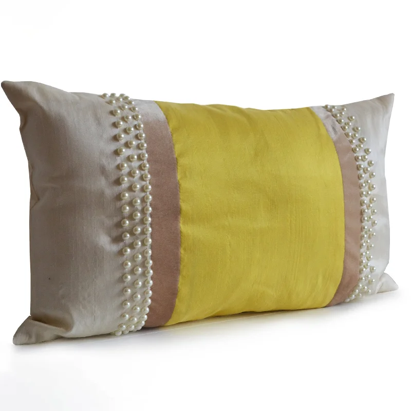 Elegant Sunshine Decorative Throw Pillow Cover Cushion In Ivory Yellow Silk Beige Velvet Cushion