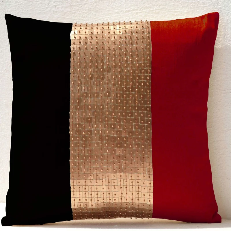 Throw Pillows -Red black gold color block silk beads detail cushion -metallic pillow -16X16 -Throw pillow cover -gift pillow -beaded pillow