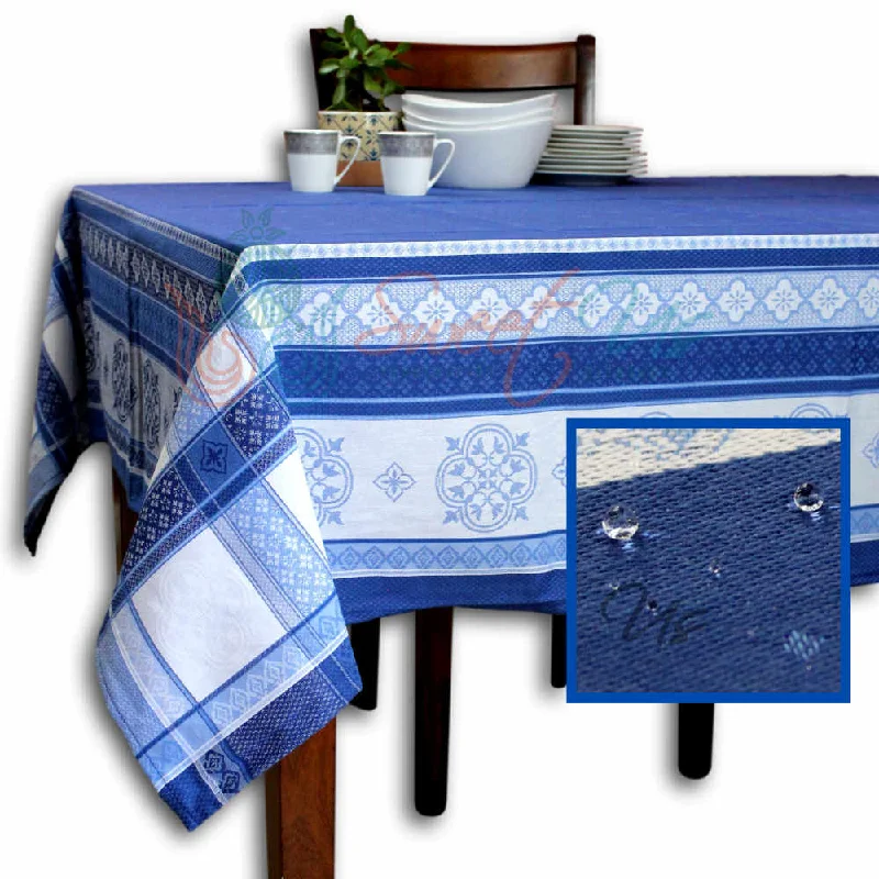 Wipeable Spill Resistant French Floral Cotton Jacquard Tablecloth Sapphire Blue