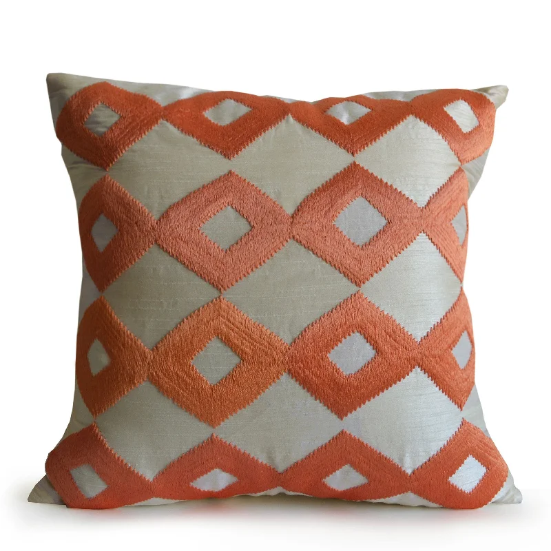 Ivory Light Orange Ikat Throw Pillow -Embroider Pillow Cover