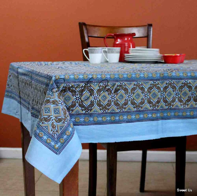 Cotton Geometric Tablecloth Rectangle Blue Gold Kitchen Dining Linen