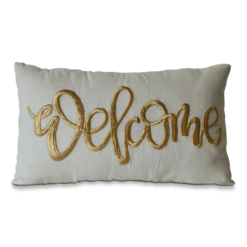 Linen Pillow Cover With Embroidered “Welcome”