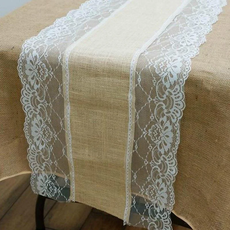 Burlap Lace Table Runner - White on Natural