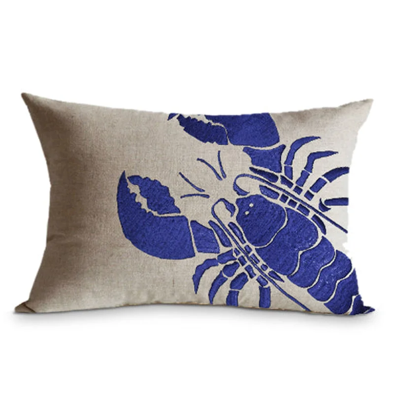 Decorative Linen Throw Pillow Cover With Embroidered Lobster On It