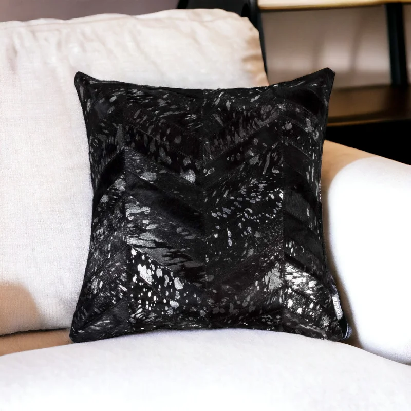 18" Black and Silver Cowhide Throw Pillow