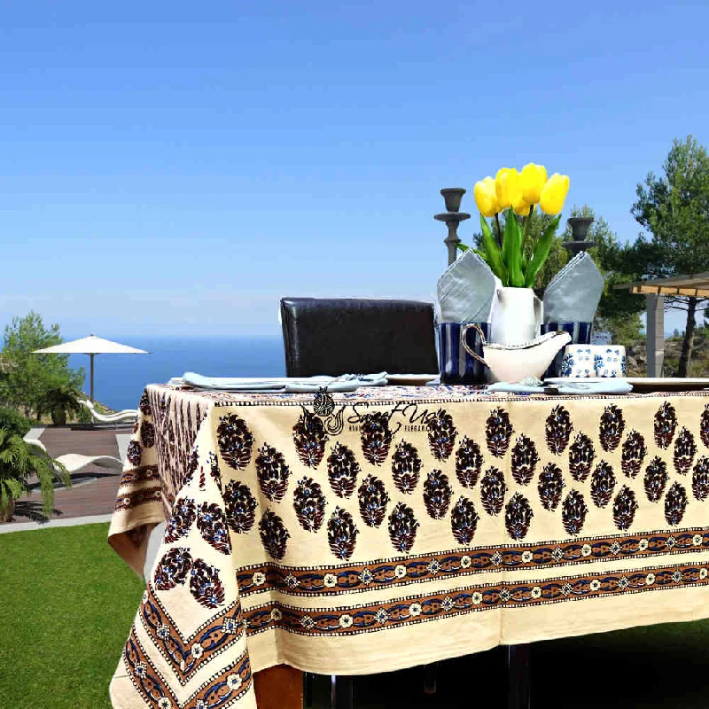 Cotton Floral Swirl Block Print Tablecloth Collection, Beige Gold