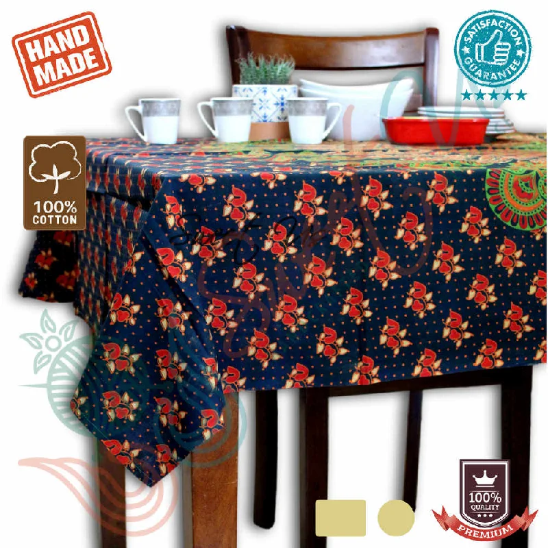 Cotton Peacock Floral Tablecloth Round, Rectangular Green Rust Gold Red Linen