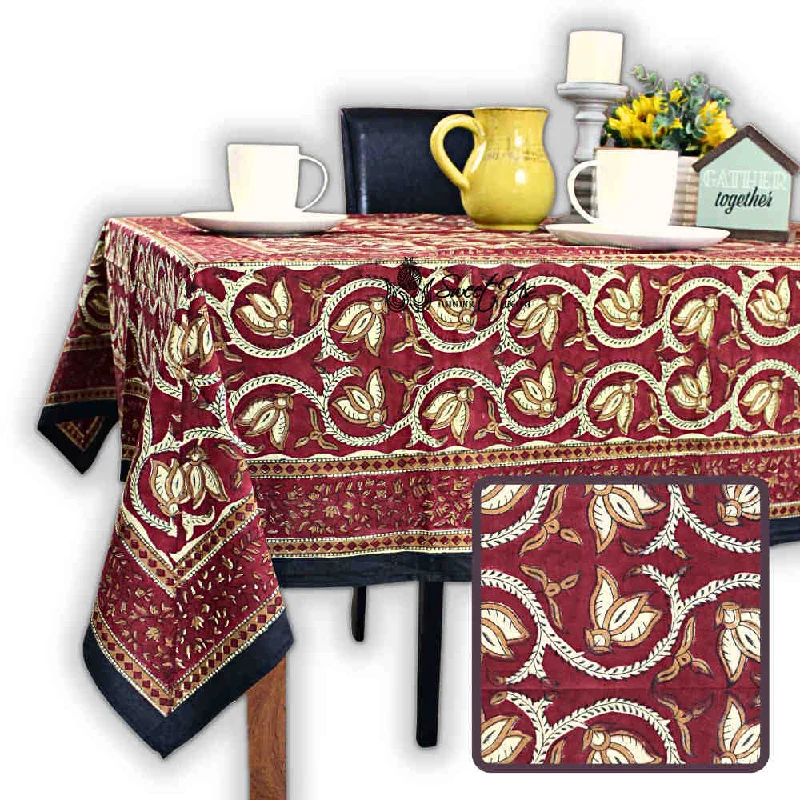 Lotus Haven Cotton Block Print Floral Tablecloth Rectangle, Merlot Mystery