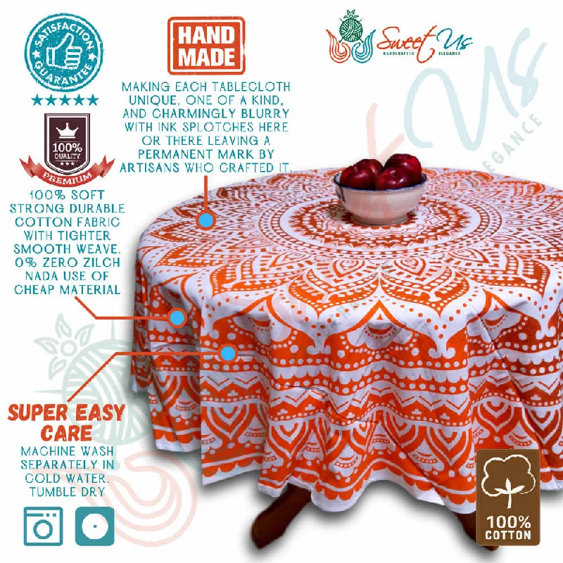 Cotton Tie Dye Floral Tablecloth Round White Orange