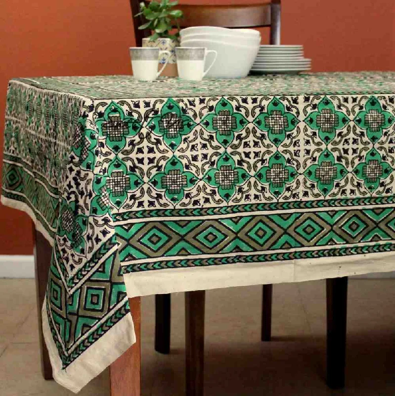 Block Print Cotton VEGGIE DYE Geometric Tablecloth Rectangle Green Beige