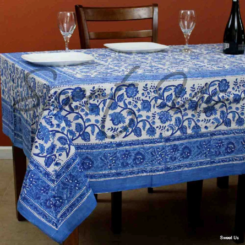 Begonia Floral Cotton Block Print Tablecloth Rectangle, Coastal Breeze