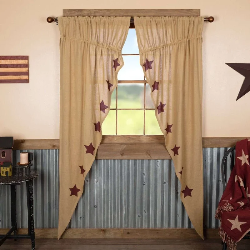 Burlap W/Burgundy Stencil Stars Prairie Long Panel Curtain Set of 2