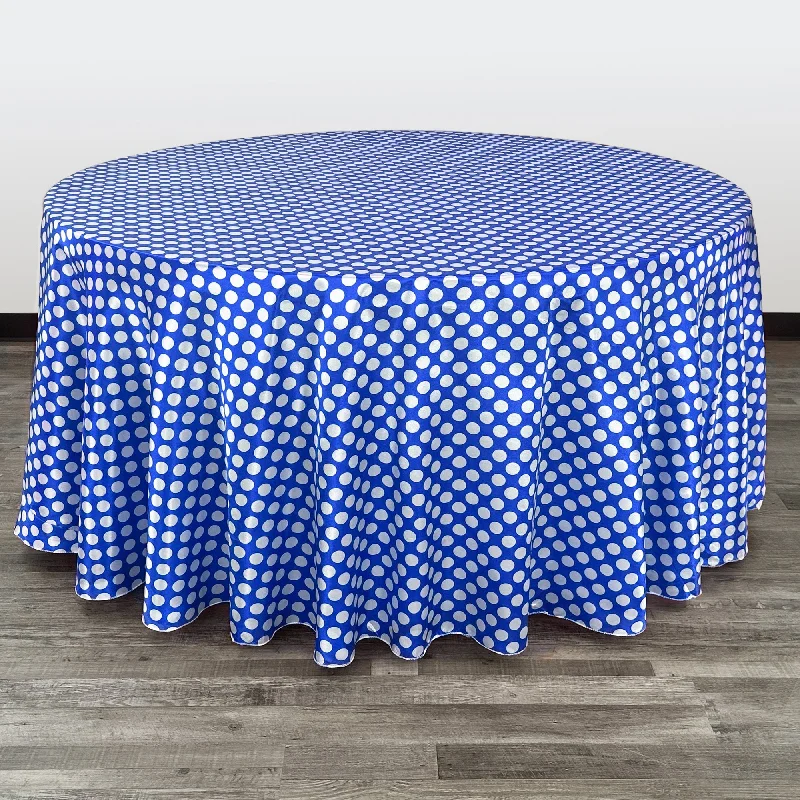 132 inch Satin Round Tablecloth Royal Blue and White Polka Dots